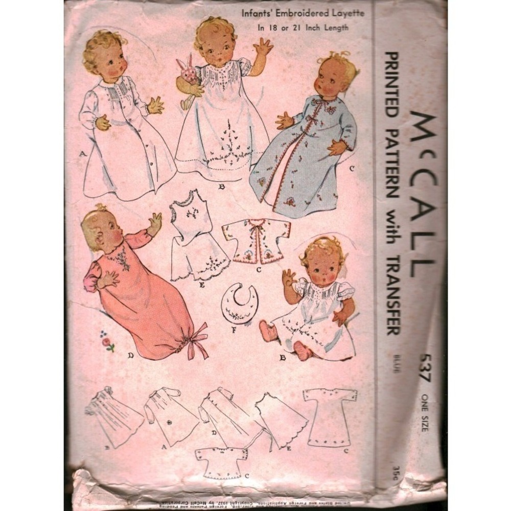 Vintage McCall 537 Infants Embroidered Layette Sewing Pattern Dress Gown Bib '37